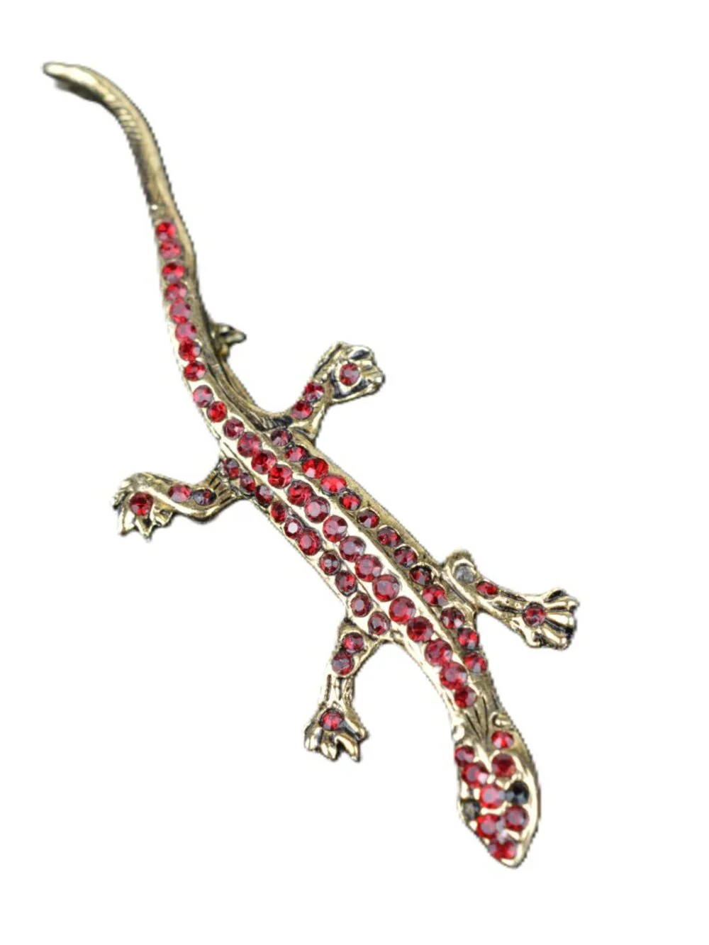 Vintage Red Rhinestone Lizard Brooch Pin Antique Gold Tone Gecko Salamander 3